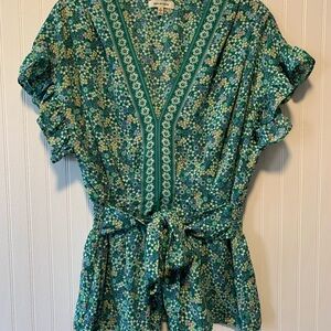 Max Studio Green Floral V-Neck Tie-Waist Women’s Top